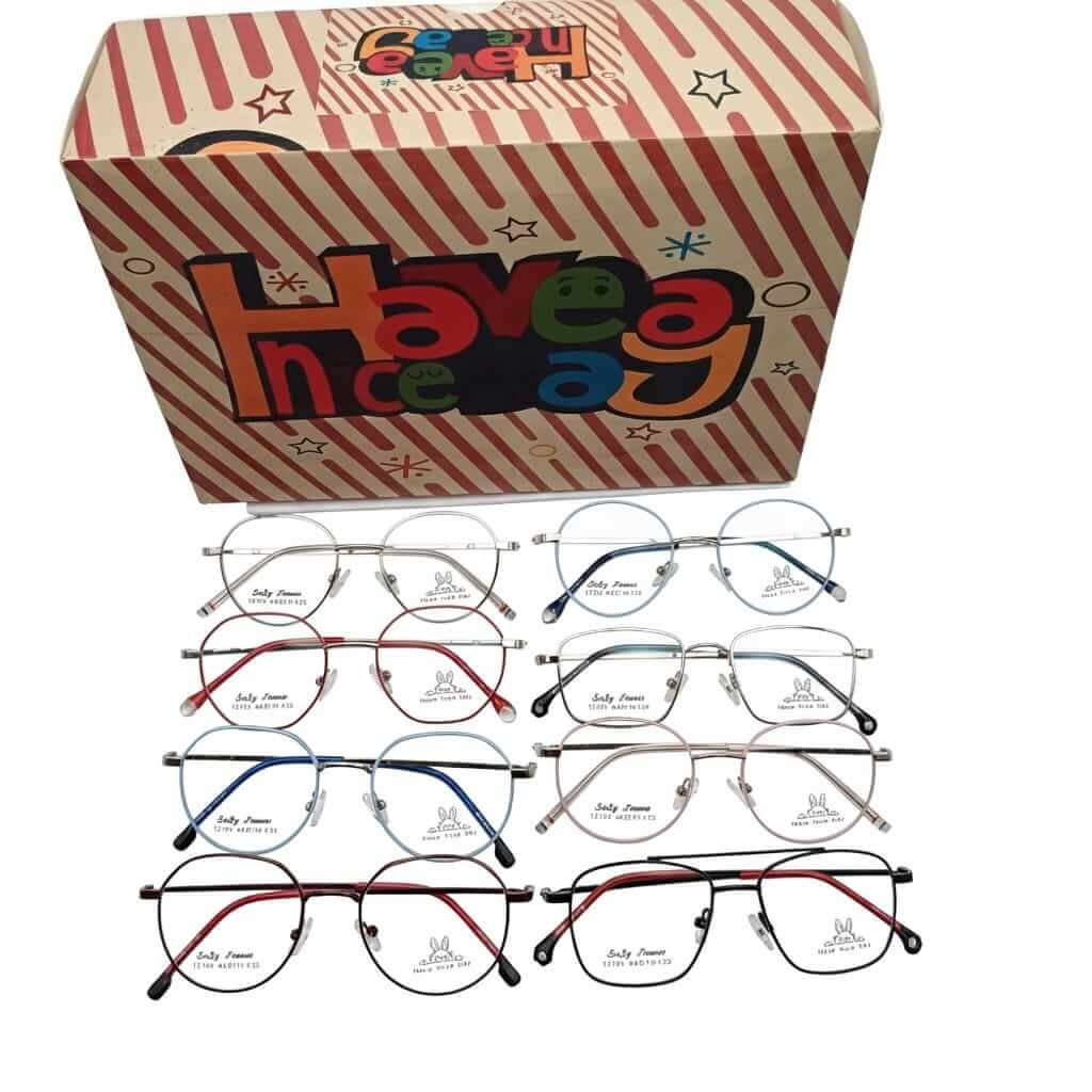 Various stylish eyeglasses in box
