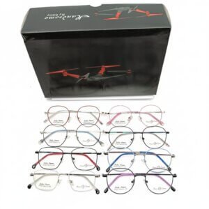 Various eyeglasses displayed in rows.