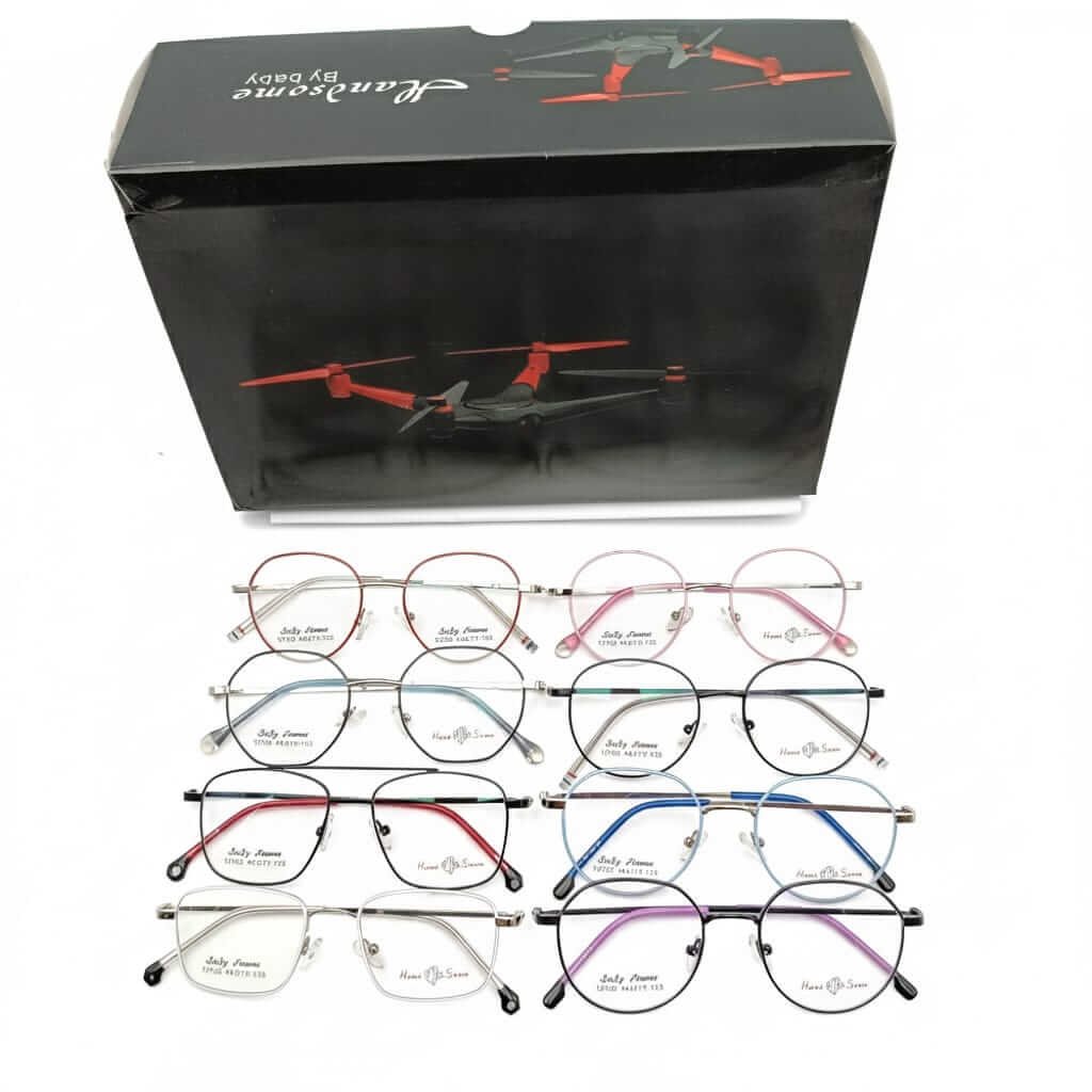 Various eyeglasses displayed in rows.