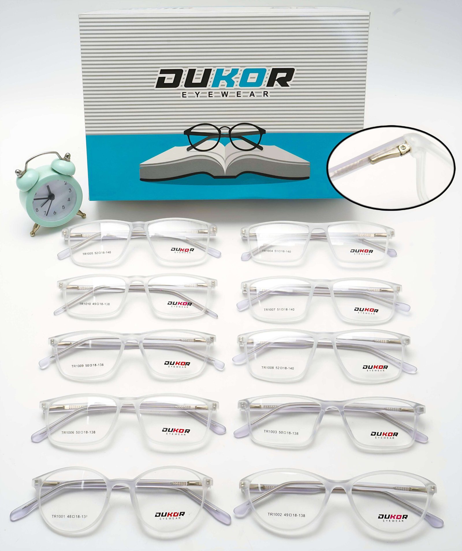 Various stylish eyeglasses displayed neatly with tr-90 frame, spring hinges