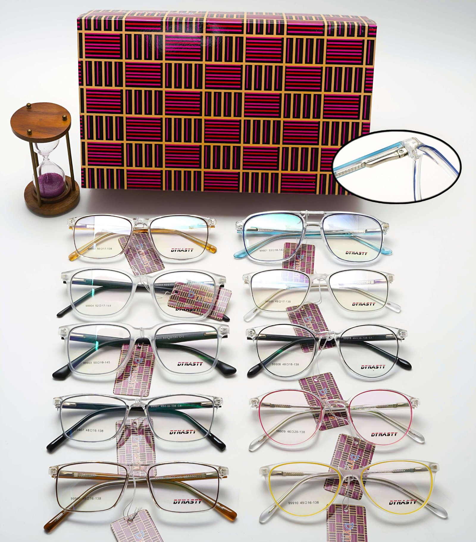 Various stylish eyeglasses displayed neatly with sheet frame, spring hinges