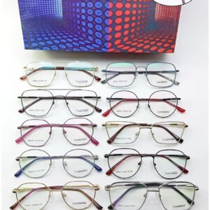 Various stylish eyeglasses displayed neatly with metal frame, spring hinges