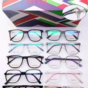 Various stylish eyeglasses displayed neatly with frame, spring hinges