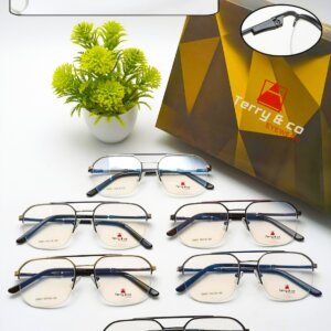 Various stylish eyeglasses displayed neatly with metal frame, spring hinges