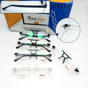 Various stylish eyeglasses displayed neatly with sheet frame, spring hinges
