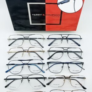 Various stylish eyeglasses displayed neatly with frame, spring hinges